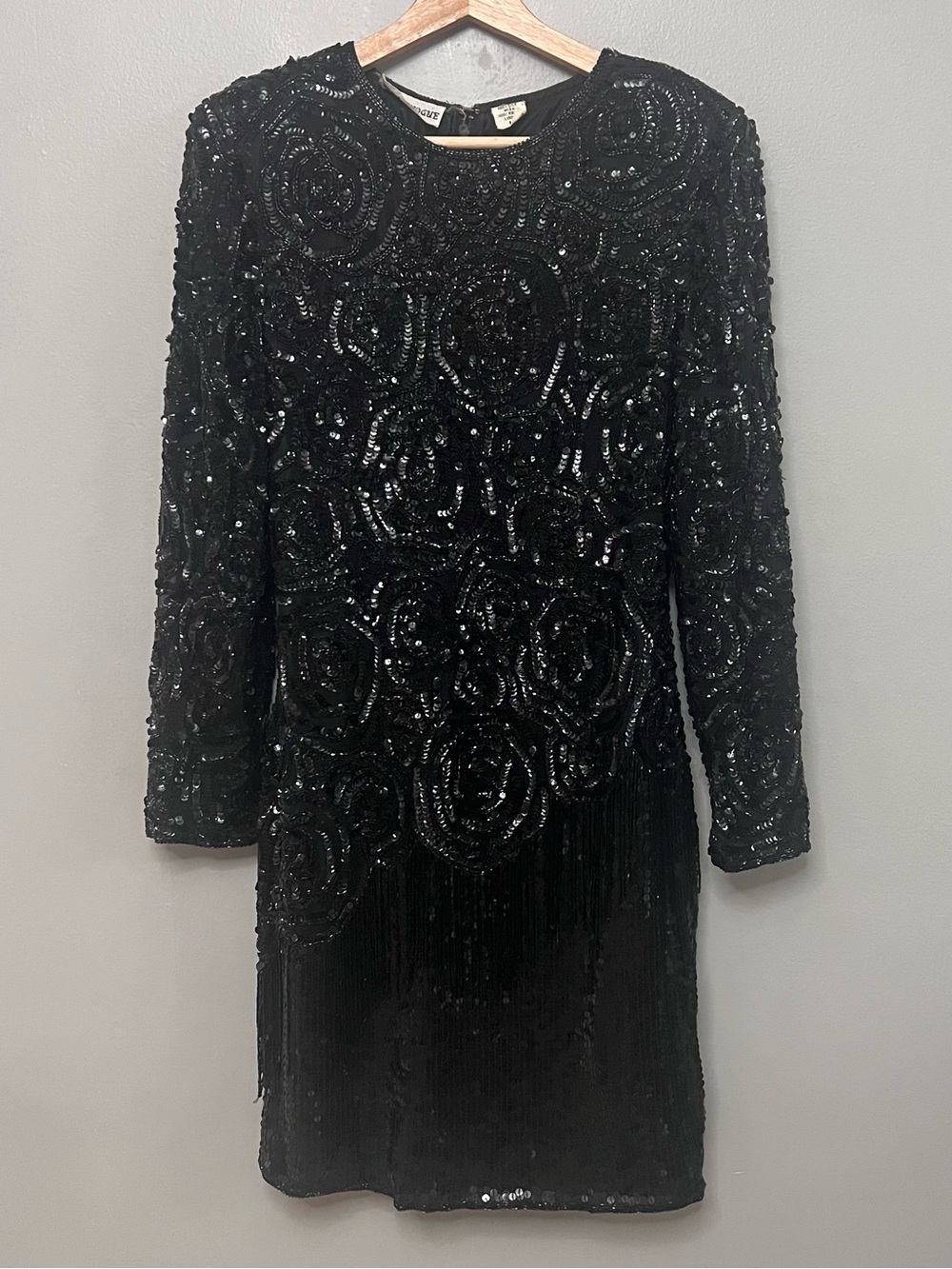 VTG 1980s Night Vogue Heavily Beaded Black Silk Flapper Fringe Party Dress